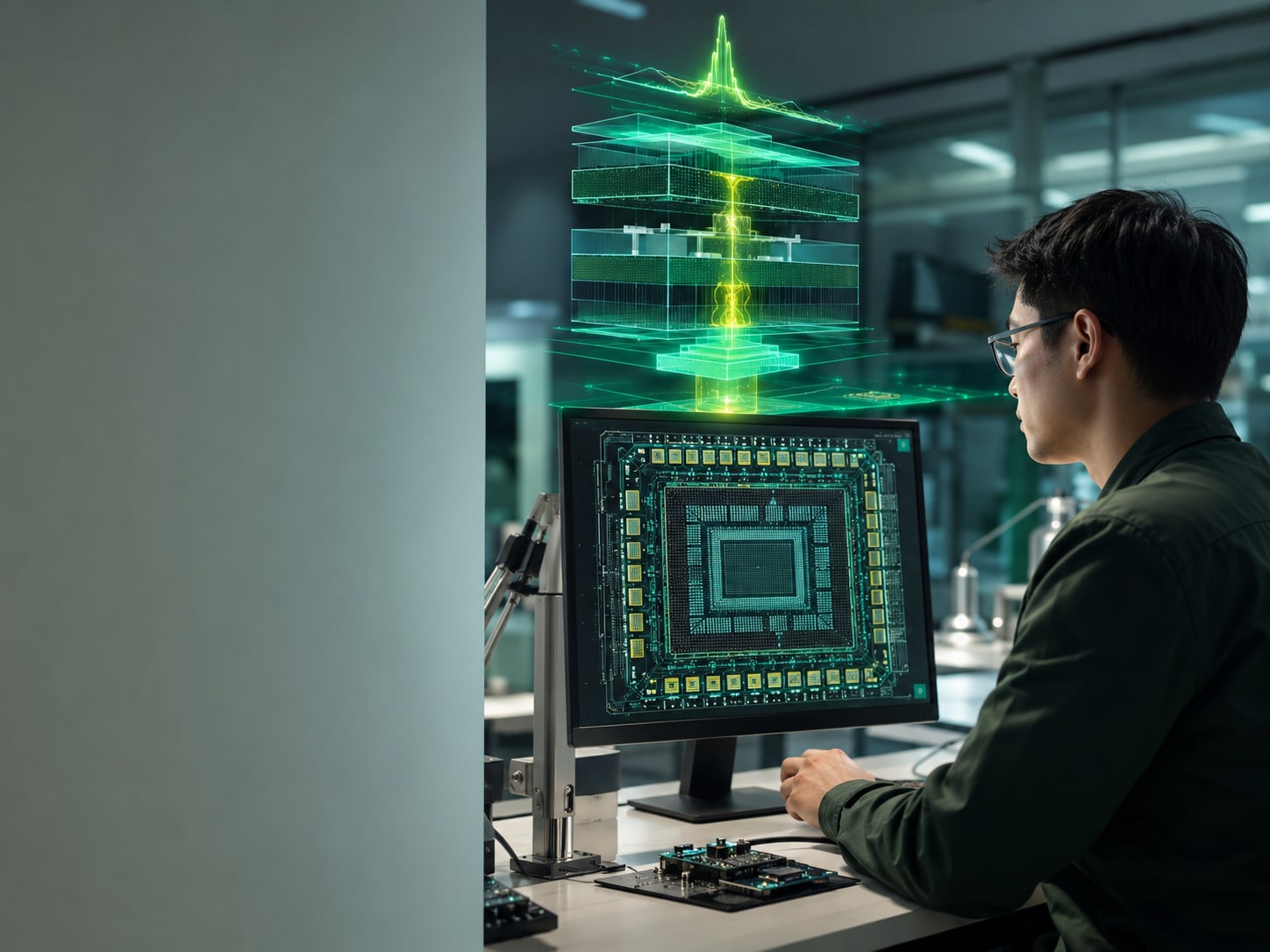 工程師檢視晶片 I/O 版圖，上方浮現 ESD 保護結構的全息剖面圖，顯示多層防護吸收突波