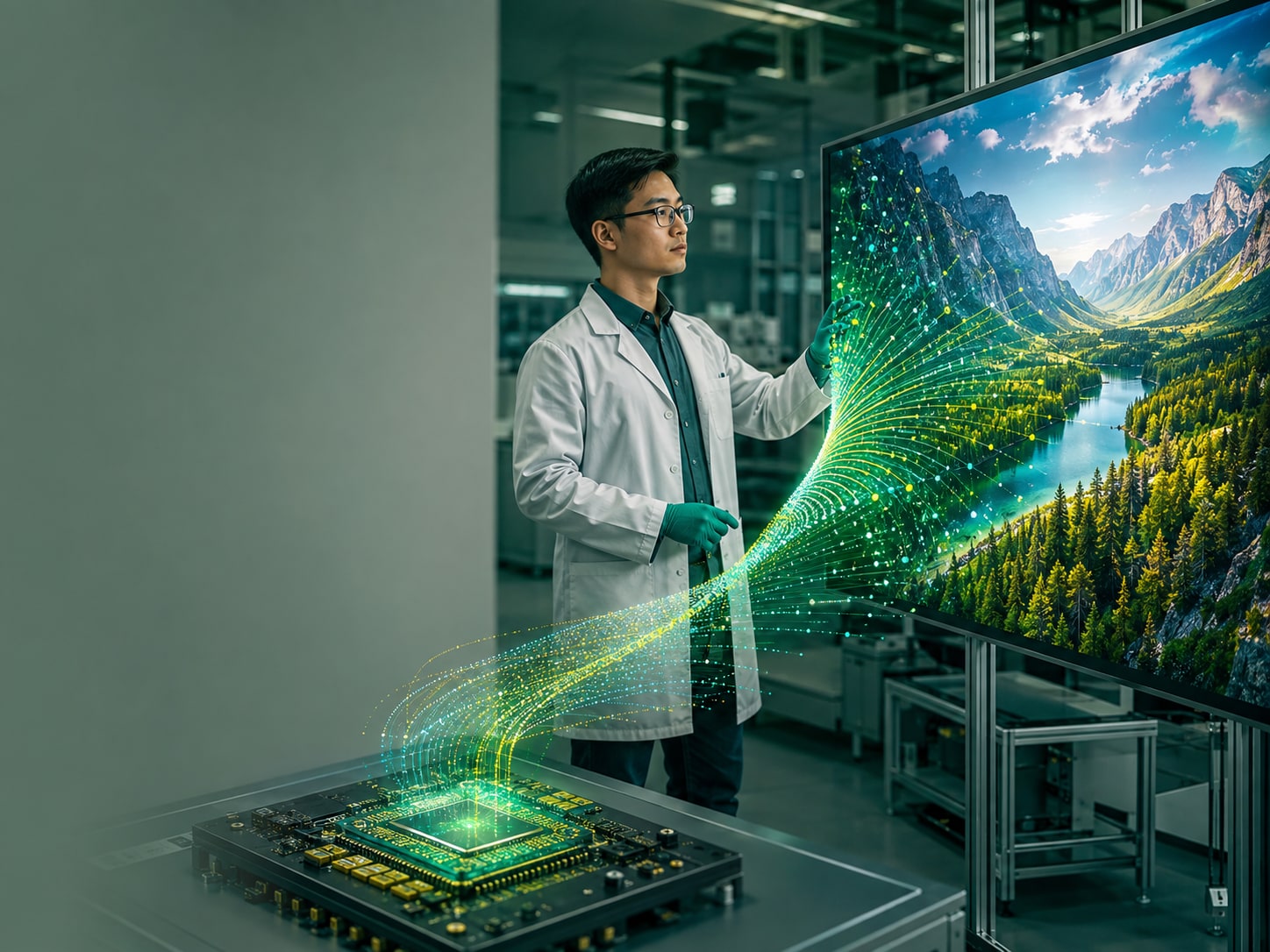 工程師操作大型顯示器，全息壓縮資料流從晶片流向螢幕，還原成鮮明的高解析度畫面